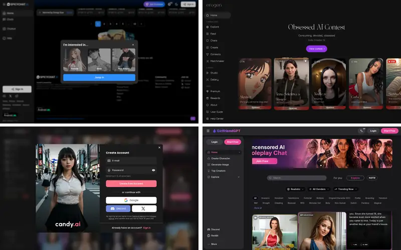 Collage of homepage screenshots: SpicyChat AI, Erogen AI, Candy AI, GirlfriendGPT
